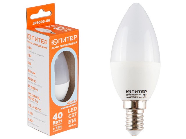 Купить лампа светодиодная C37 СВЕЧА 5 Вт 170-240В E14 4000К ЮПИТЕР (40 Вт аналог лампы накал., 460Лм, нейтральный белый свет) (JP5003-06)
