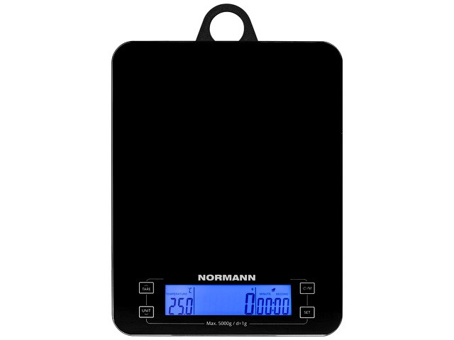 Купить весы кухонные ASK-267 NORMANN (5 кг; стекло 3 мм; термометр; часы; таймер; дисплей 95х25 мм с подсветкой; подвес)