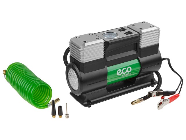 Купить компрессор автомобильный ECO AE-028-2 (12 В, 280 Вт, 70 л/мин, 2 цилиндра, 10 бар (манометр 7 бар), фонарь, сумка)