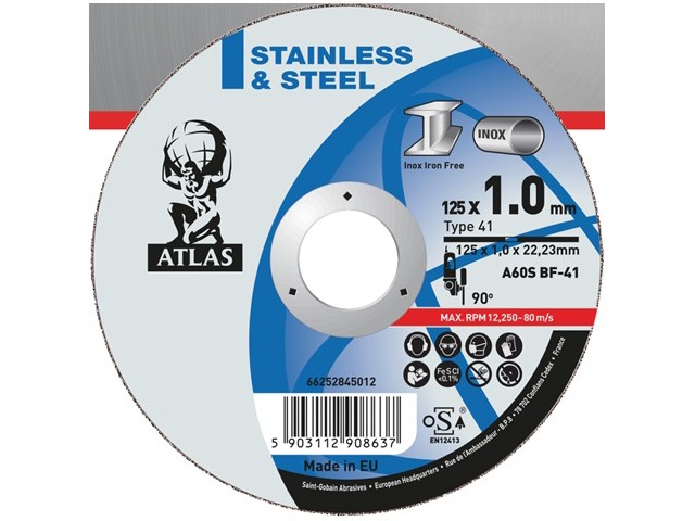 Купить круг отрезной 125х1.6x22.2 мм для металла ATLAS NORTON (A46S-T41 металл/нержавейка) (66252845013)