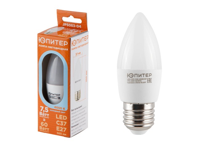 Купить лампа светодиодная C37 СВЕЧА 7,5 Вт 170-240В E27 4000К ЮПИТЕР (60 Вт аналог лампы накал., 560Лм, нейтральный белый свет) (JP5083-04)