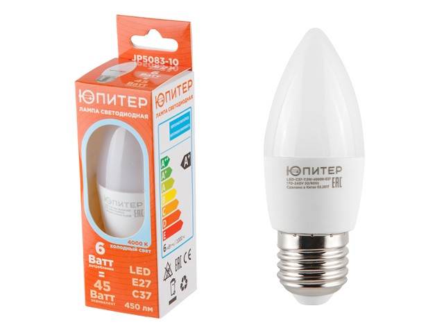 Купить лампа светодиодная C37 СВЕЧА 6 Вт 170-240В E27 4000К ЮПИТЕР (45 Вт аналог лампы накал., 450Лм, нейтральный белый свет) (JP5083-10)