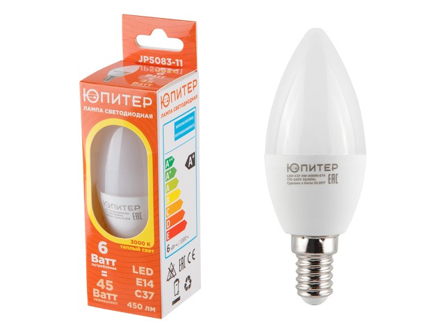 Купить лампа светодиодная C37 СВЕЧА 6 Вт 170-240В E14 3000К ЮПИТЕР (45 Вт аналог лампы накал., 450Лм, теплый белый свет) (JP5083-11)