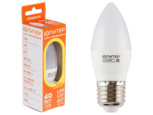 Купить лампа светодиодная C37 СВЕЧА 7.5 Вт 170-240В E27 3000К ЮПИТЕР (60 Вт аналог лампы накал., 680Лм, теплый белый свет) (JP5003-03)