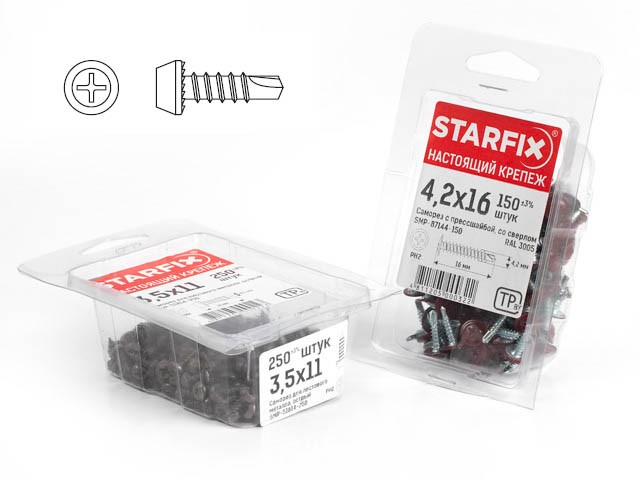 Купить саморез 3.8х11 мм для лист. металла, цинк, со сверлом (200 шт в пласт. конт.) STARFIX (SMP1-56541-200)
