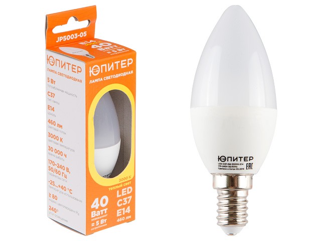 Купить лампа светодиодная C37 СВЕЧА 5 Вт 170-240В E14 3000К ЮПИТЕР (40 Вт аналог лампы накал., 460Лм, теплый белый свет) (JP5003-05)
