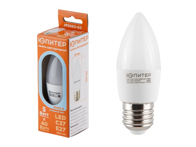 Купить лампа светодиодная C37 СВЕЧА 5 Вт 170-240В E27 4000К ЮПИТЕР (40 Вт аналог лампы накал., 400Лм, нейтральный белый свет) (JP5083-02)