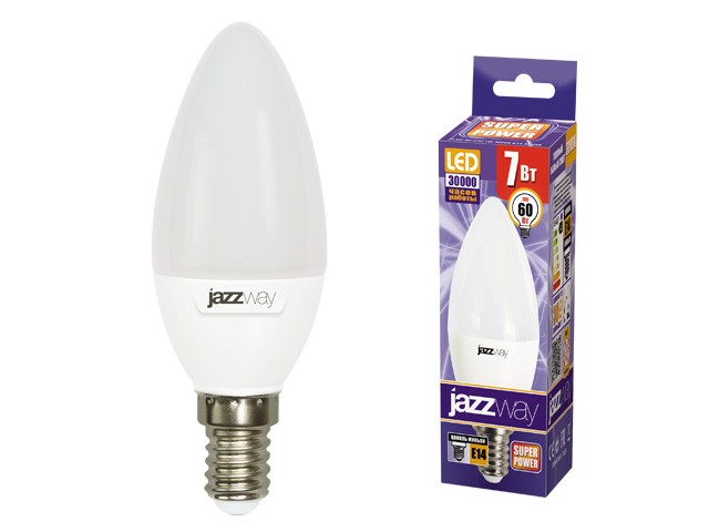 Купить лампа светодиодная C37 СВЕЧА 7 Вт POWER 160-260В E14 3000К JAZZWAY (60 Вт аналог лампы накал., 530Лм, теплый белый свет) (1027818-2)