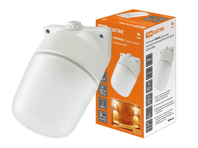Купить светильник НПБ400-1 для сауны настенный, наклонный, IP54, 60 Вт, белый, TDM (пылебрызгозащищенный) (SQ0303-0049)