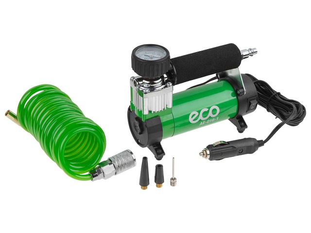 Купить компрессор автомобильный ECO AE-016-1 (12 В, 150 Вт, 40 л/мин, 10 бар (манометр 7 бар), съемный спир. шланг, сумка)