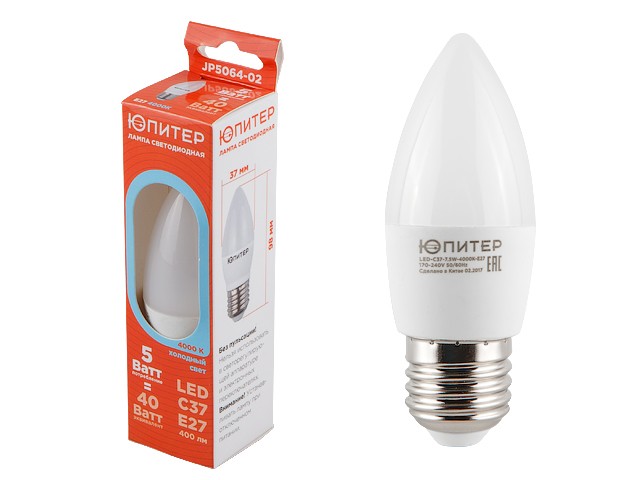 Купить лампа светодиодная C37 СВЕЧА 5 Вт 170-240В E27 4000К ЮПИТЕР (40 Вт аналог лампы накал., 400Лм, нейтральный белый свет) (JP5064-02)