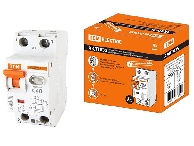 Купить выключатель дифференциальный автоматич. АВДТ-63S C40 100мА тип АС TDM (SQ0202-0038)