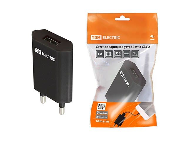 Купить сетевое зарядное устройство, СЗУ 2, 1 А, 1 USB, черный, TDM (SQ1810-0002)