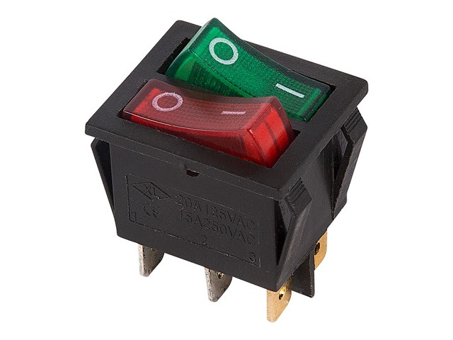 Купить выключатель клавишный 250V 15А (6с) ON-OFF красный/зеленый с подсветкой ДВОЙНОЙ (RWB-511) REXANT (36-2450)