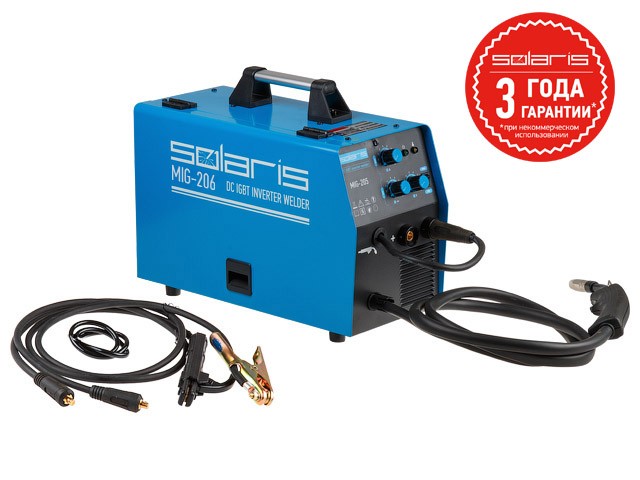 Купить полуавтомат сварочный Solaris MIG-206 (MIG/MMA) (220В; встроенная горелка 2 м; смена полярности) (SOLARIS)