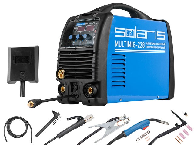 Купить полуавтомат сварочный Solaris MULTIMIG-228 (MIG-MMA-TIG) c TIG горелк. (220В; Горелка MIG 3м, горелка TIG 4м, кабели 3м, доп.аксессуары) (SOLARIS)
