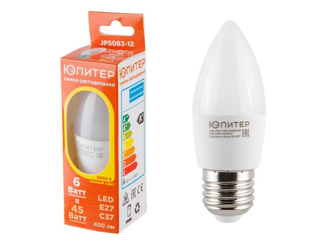 Купить лампа светодиодная C37 СВЕЧА 6 Вт 170-240В E27 3000К ЮПИТЕР (45 Вт аналог лампы накал., 450Лм, теплый белый свет) (JP5083-12)